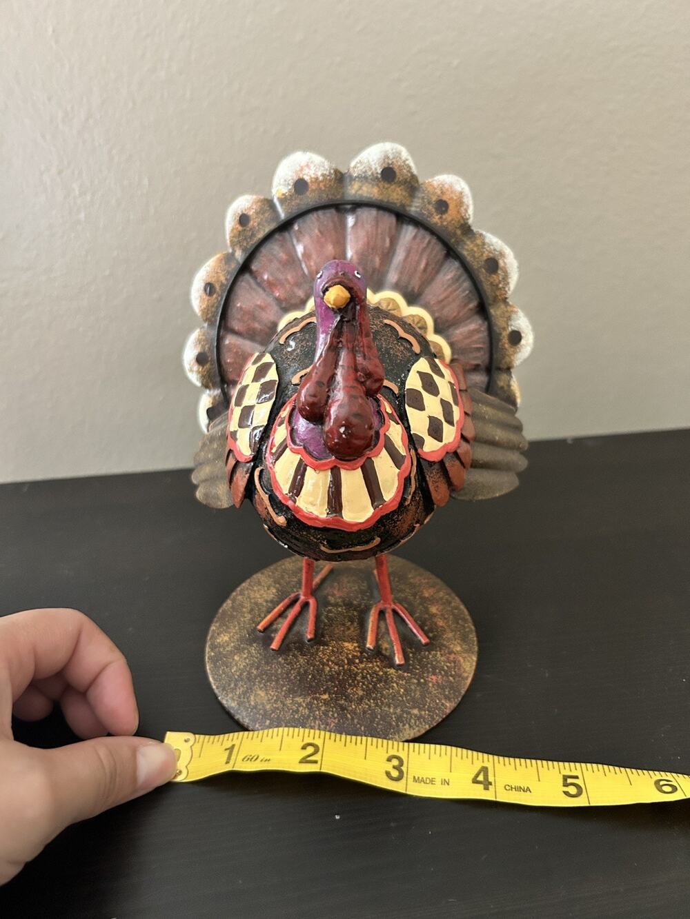 Metal Turkey Figurine Thanksgiving Fall Harvest Table Decor 7in Tall